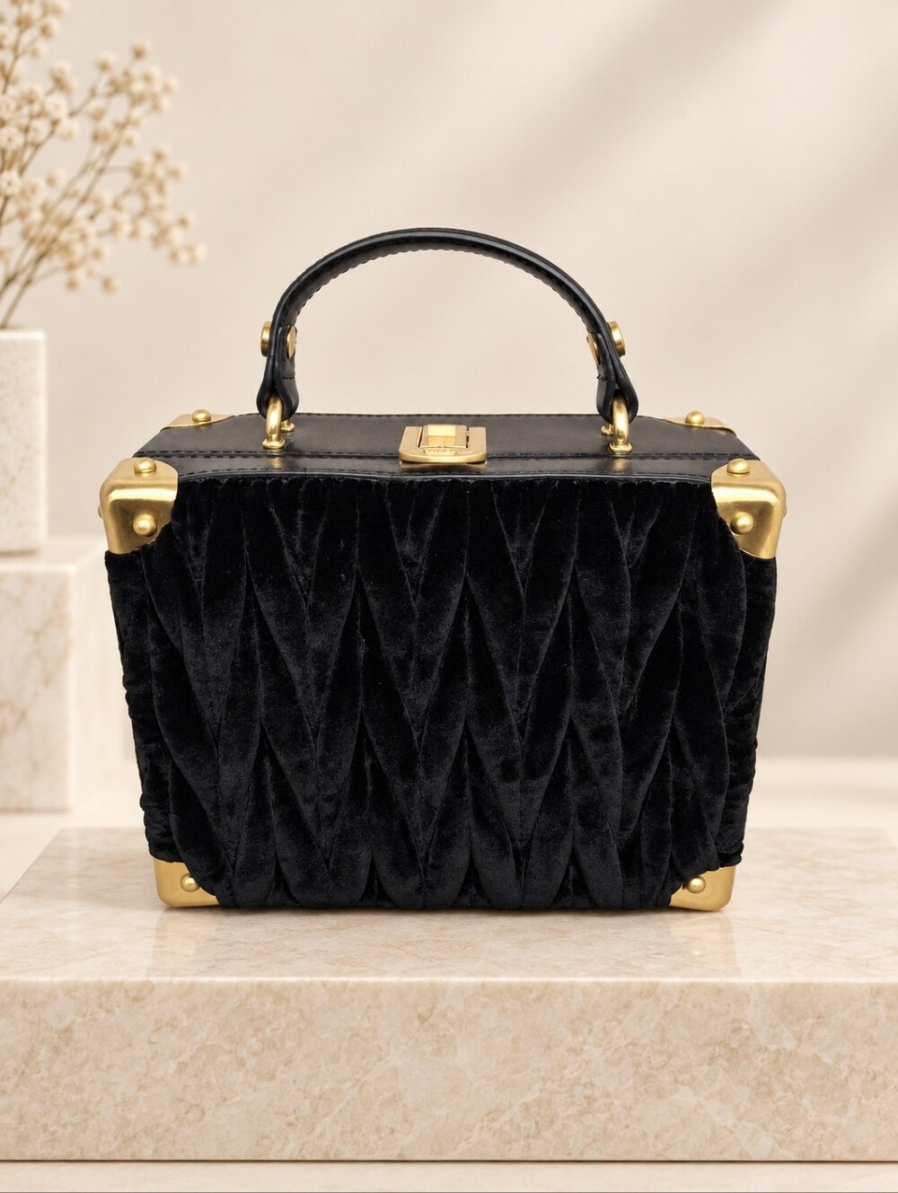 Sam Edelman Brit Black Velvet Mini Trunk Top Handle Bag Gold Hardware